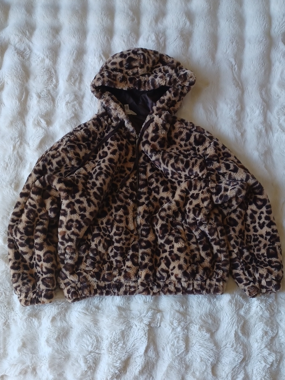 Leopard Print Hooded Faux Fur Jacket - Brown Leopard Print